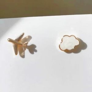 Handmade Cute Mini Asymmetry Airplane, White Cloud Enamel Stud Earrings ☁️✈️